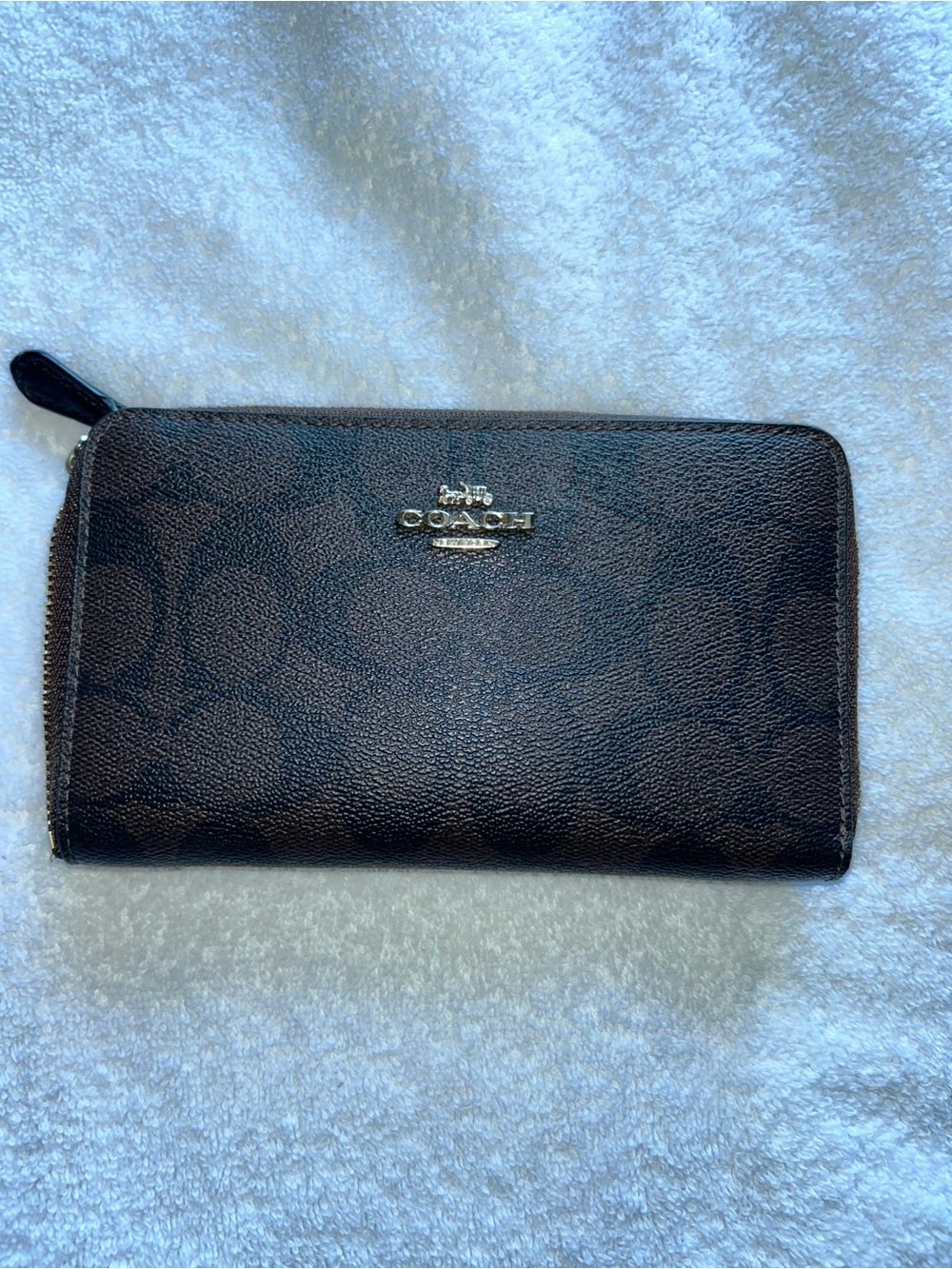 COACH Brown Signature Zip Wallet with Silver Logo